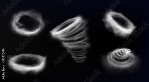 Smoke circle, wind storm vortex, smog cloud round frame, tornado swirl. Whirlwind spiral or heavy dust steam isolated on black background. Cigarette vapor ring realistic 3d vector illustration, set