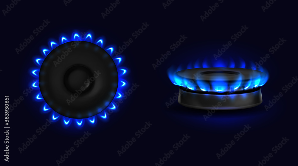 Burning gas stove with blue flame top and side view. Kitchen burner