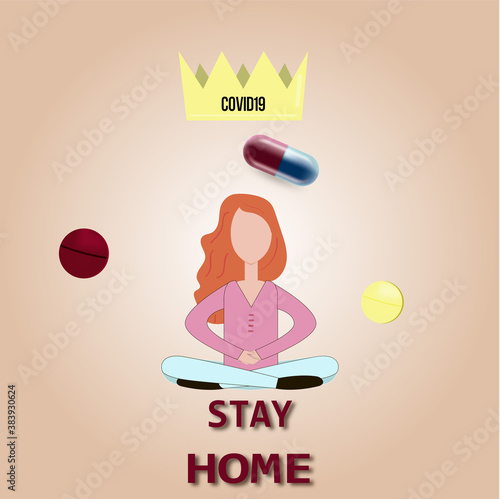 Girl in meditation with a crown. Stay at home. Virus protection. Poster. Protection. Insulation.