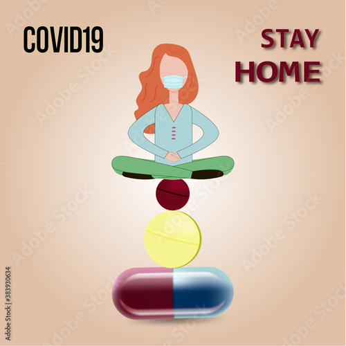 A girl in a mask meditates sits on a pyramid of pills. Coronavirus protection. Poster. Virus protection