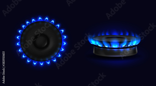 Burning gas stove with blue flame top and side view. Kitchen burner with lit hobs, propane butane flame in cooking oven, glowing cooktop isolated on black background, Realistic 3d vector illustration