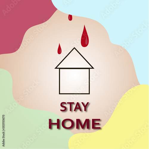 Stay at home memphis style on a beige background with a house in the center. Poster.