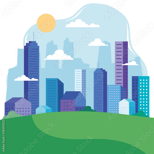 City landscape with buildings houses clouds and sun design  architecture and urban theme Vector illustration