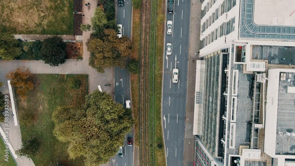 Düsseldorf, Germany - drone shot of the city center showing a busy business street with many cars and pedestrians Düsseldorf, Germany - drone shot of the city center showing a busy business street with many cars and pedestrians