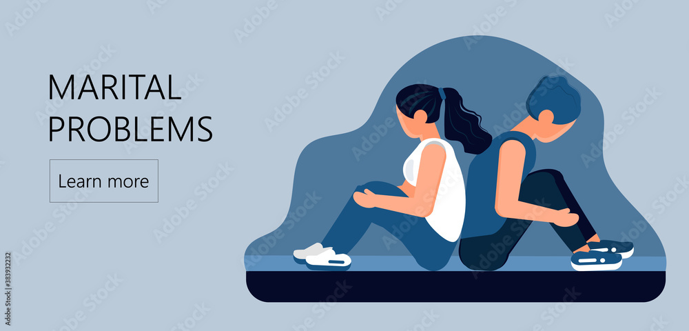 Marital problems scene concept vector for website, app, landing page. Upset couple sit back to back. Divorce, family quarrels illustration. Marital problems scene concept vector for website, app, landing page. Upset couple sit back to back. Divorce, family quarrels illustration.