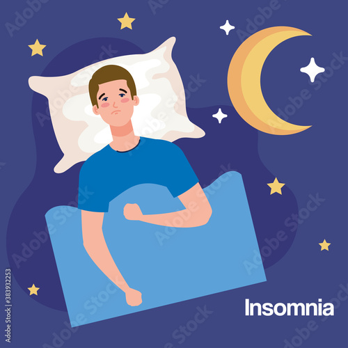 insomnia man on bed with pillow and moon design, sleep and night theme Vector illustration
