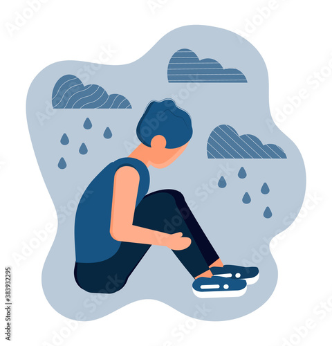 Stressed, frustrated girl concept vector. Scene of accusation in life, depression in work. Upset woman with long hair sits and hugs her knees.