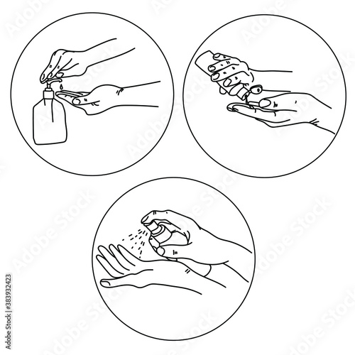 Hand antiseptic treatment, various forms of antiseptics in the form of a gel or spray, personal hygiene products, vector outline illustration