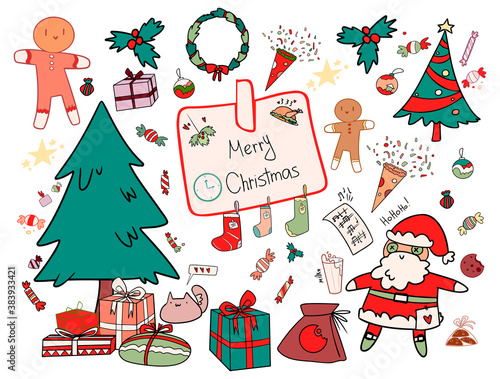 Set of Christmas and New Year elements, vector. Merry event Santa Claus and gingerbread man, turkey. Holiday doodles for postcards, prints, fabrics, decoration.