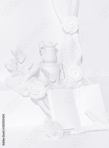 Fashion winter scene. Tea pot, roses and textile decor. Noteebook mock-up Minimal stylish white cold colours design photo