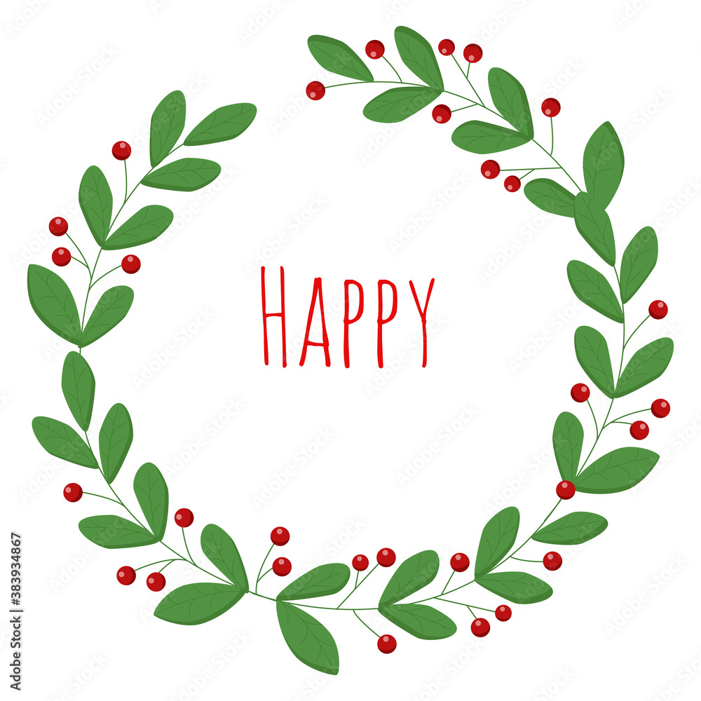 Fototapeta premium Wreath and rounded leaves and berries. Floral frame with congratulations. Round frame made of branches
