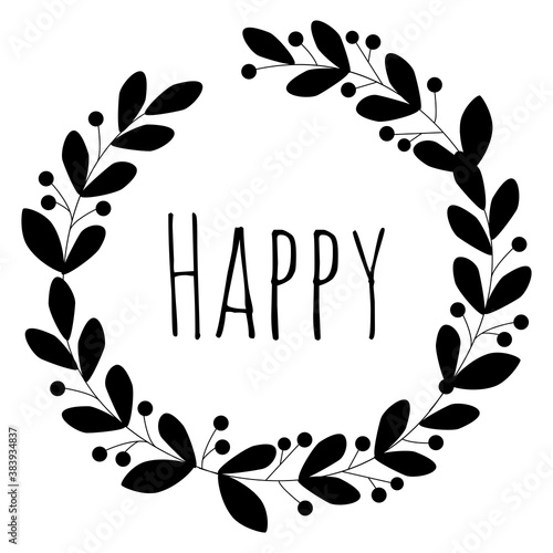 A wreath and rounded leaves and berries. Black silhouette for embossing and plotter with congratulations. Round frame of twigs