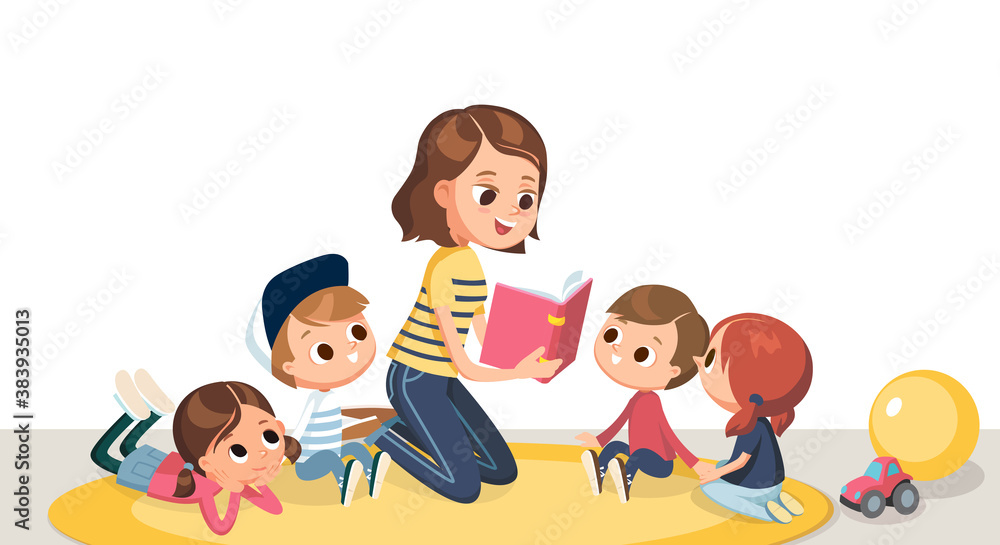 Mum nurse teacher reading book to children kids pupils in a kindergarden classroom at primary school, pre-school, home.Reading books for kids. Babysitting. Children listen to teacher. Mum nurse teacher reading book to children kids pupils in a kindergarden classroom at primary school, pre-school, home.Reading books for kids. Babysitting. Children listen to teacher.