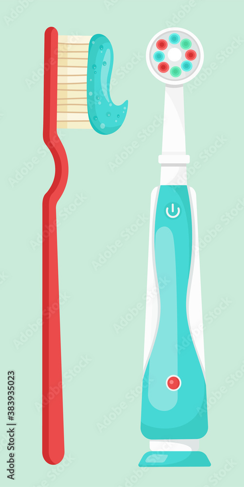 vector illustration of two types of toothbrushes-with bristles and electric. isolated on  blue background.dental care. set of device for daily oral clean.cartoon style.