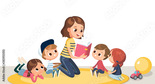 Mum nurse teacher reading book to children kids pupils in a kindergarden classroom at primary school, pre-school, home.Reading books for kids. Babysitting. Children listen to teacher.