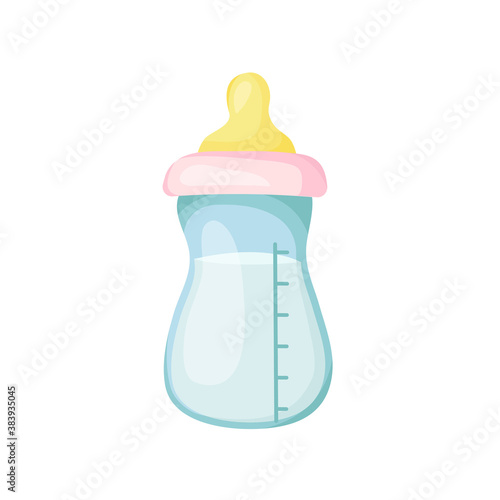 baby plastic milk bottle in cartoon style.kid's nutrition isolated on white background.mother's equipment for feeding.