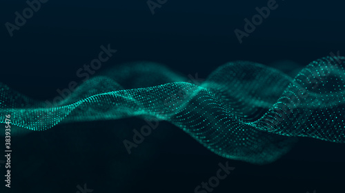 Abstract wave with moving dots. Flow of particles. Cyber technology illustration. 3d rendering © estar 2020