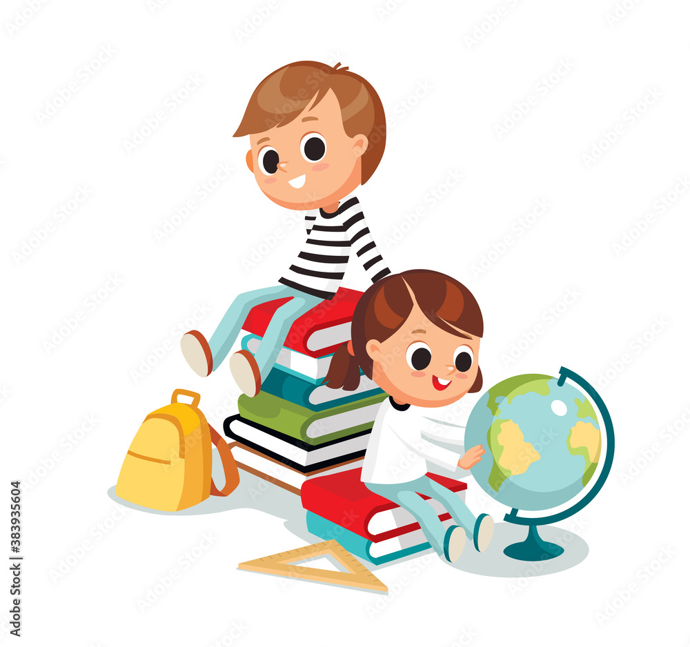 Back to school. Kids boy sitting on piles of books. Little girl looking at the globe. Scholar freshman sophomore having rest after doing study learning. Back to school. Kids boy sitting on piles of books. Little girl looking at the globe. Scholar freshman sophomore having rest after doing study learning.