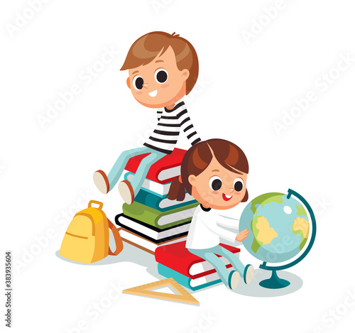 Back to school. Kids boy sitting on piles of books. Little girl looking at the globe. Scholar freshman sophomore having rest after doing study learning.