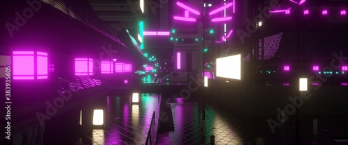 Futuristic city street wiyh purple lanterns in a cyberpunk style. Neon urban future. Beautiful night cityscape. Photorealistic 3D illustration.