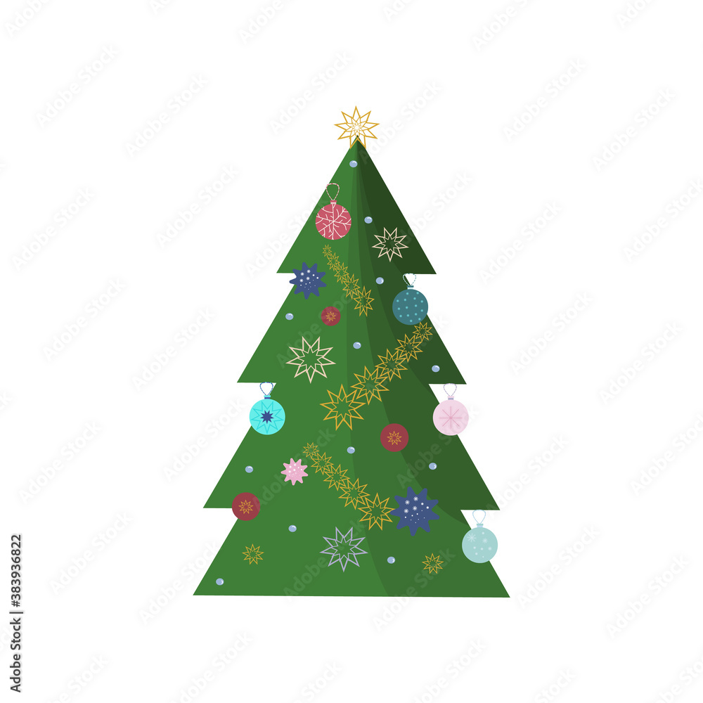 The Christmas tree is decorated with bright balls. Holiday of the year. Use for printed products postcards, flyers, business cards or poster and banner. Vector illustration The Christmas tree is decorated with bright balls. Holiday of the year. Use for printed products postcards, flyers, business cards or poster and banner. Vector illustration