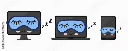 Sleeping off computer desktop, laptop, tablet pc or smartphone icon set isolated on white background. Asleep modern cute electronic devices with sleeping mask. Flat design vector illustration.