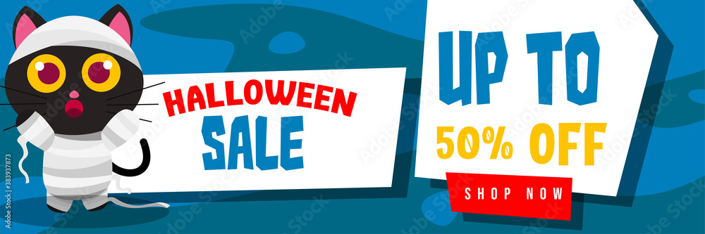 Halloween Event Sale Banner Discount Up To 50% With Cute Mummy Black Cat Background Flat Design