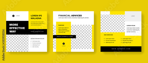 Set of clean editable social media post templates with yellow and black accent. Modern business banner graphics for online advert or facebook and instagram