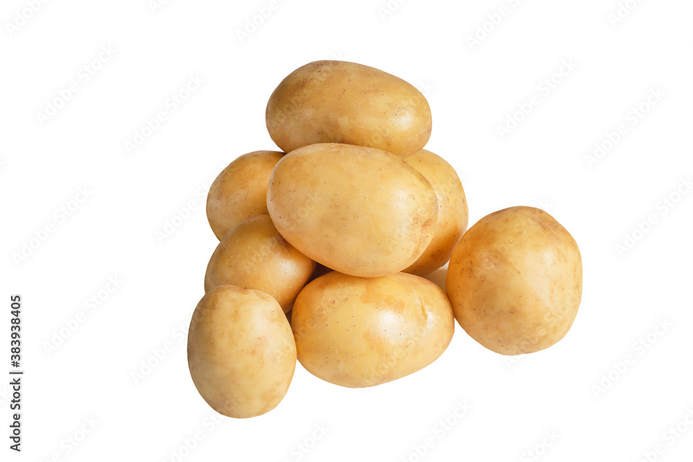 Raw potatoes isolated on white background. Fresh young potato. Heap of organic potatoes. Raw potatoes isolated on white background. Fresh young potato. Heap of organic potatoes.