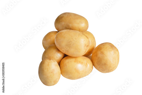 Raw potatoes isolated on white background. Fresh young potato. Heap of organic potatoes.