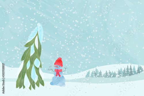 Snowman and Christmas tree under the snowfall.  illustration in cartoon style. Vintage watercolor drawing.