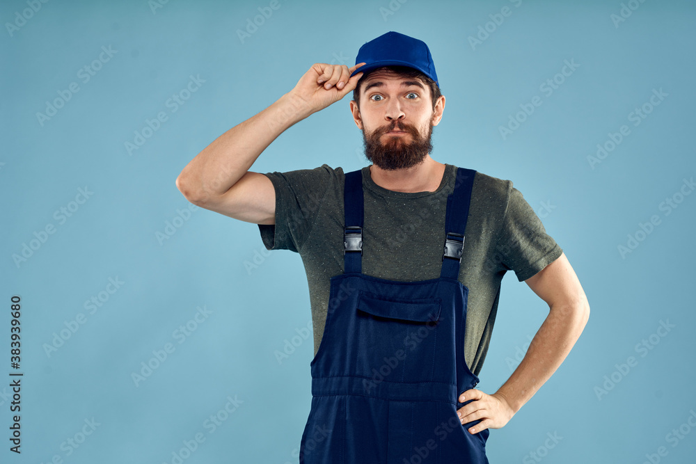 Man in working uniform emotions in life delivery service work Man in working uniform emotions in life delivery service work