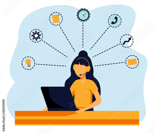 Happy business woman with multitasking skills sitting at his laptop with office icons on a background. Freelance worker. Multitasking, time management and productivity concept. Vector illustration.