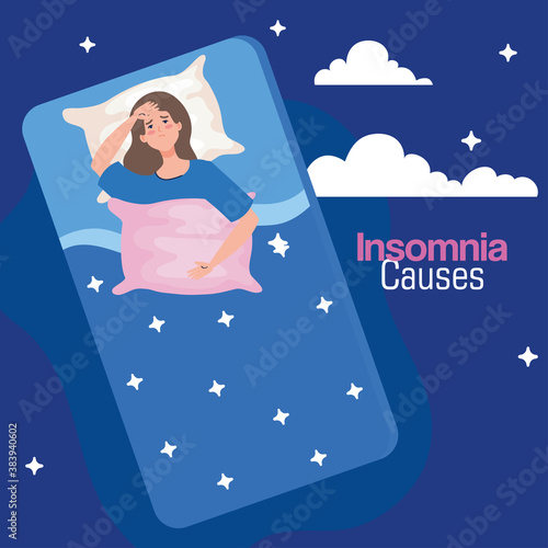 insomnia casuses woman on bed with pillow and clouds design, sleep and night theme Vector illustration