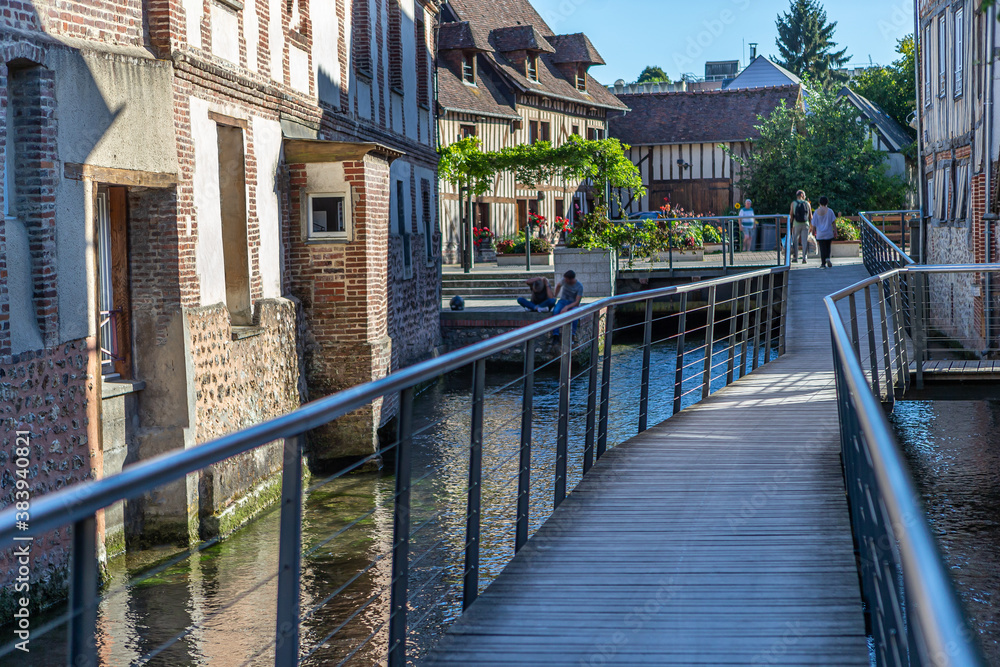 Building reflection in river, Bernay Normandy,France, eptember 2020 Building reflection in river, Bernay Normandy,France, eptember 2020