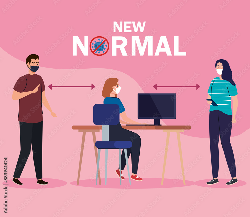 New normal of social distancing between man and women with mask at desk design of covid 19 virus and prevention theme Vector illustration New normal of social distancing between man and women with mask at desk design of covid 19 virus and prevention theme Vector illustration