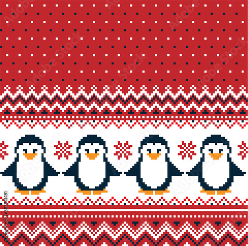New Year's Christmas pattern pixel with penguins vector illustration