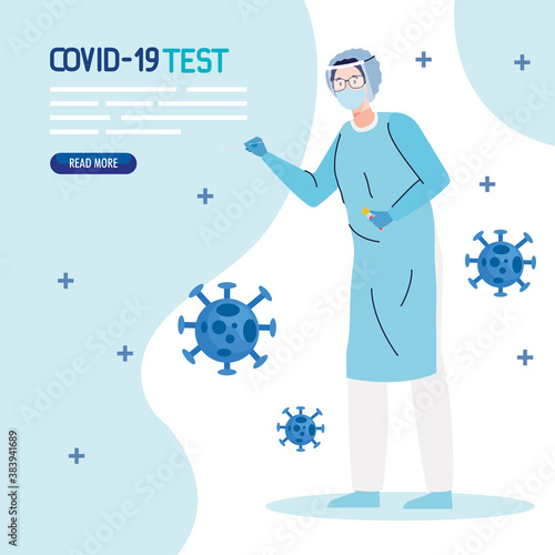 covid 19 virus test doctor with mask glasses and uniform design of ncov cov and coronavirus theme Vector illustration
