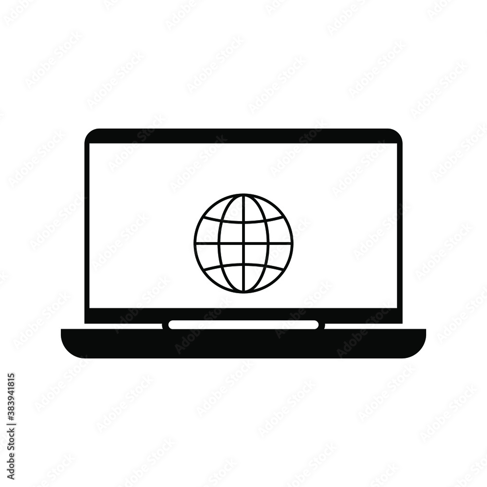Globe on screen of laptop icon flat style in trendy design isolated Globe on screen of laptop icon flat style in trendy design isolated