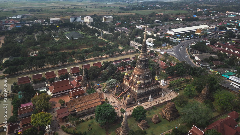 Aerial view of old Ayutthaya temple in Thailand.