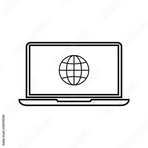 Globe on screen of laptop icon flat style in trendy design isolated