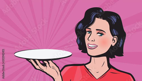Young woman with empty tray in hand. Business concept vector illustration in style comic pop art © ~ Bitter ~