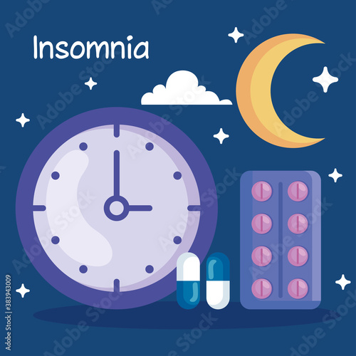 insomnia clock and pills design, sleep and night theme Vector illustration