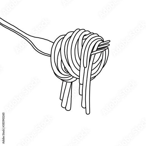 Spaghetti on a fork. Outline drawing in black pencil on a white background. The label element to the decor, the menu, recipes, icons for websites.