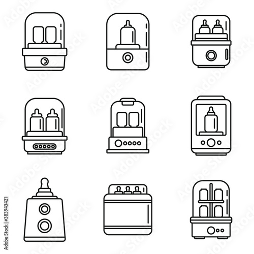 Baby bottle sterilizer icons set. Outline set of baby bottle sterilizer vector icons for web design isolated on white background