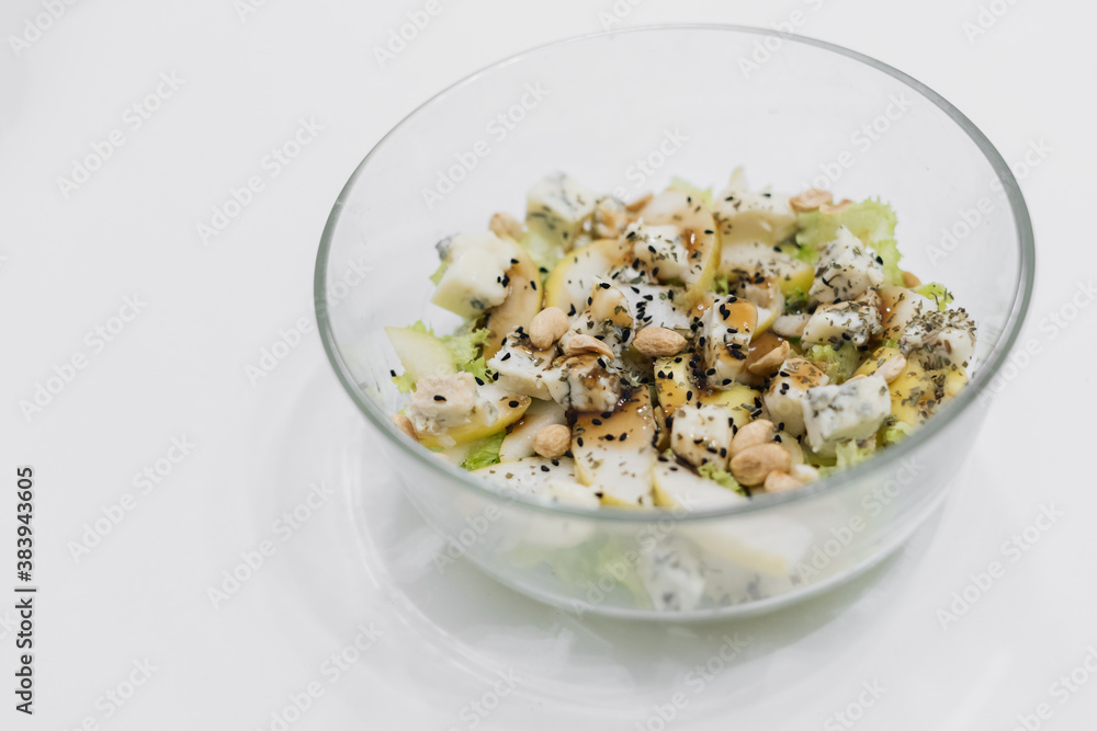 homemade healthy fresh salad with blue cheese, pears, nuts and balsamic dressing, vegetable salat homemade healthy fresh salad with blue cheese, pears, nuts and balsamic dressing, vegetable salat