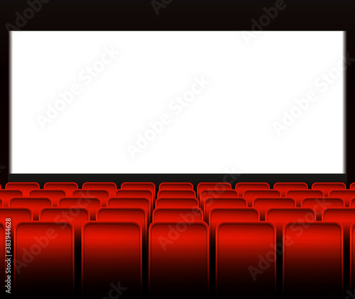 Interior of the cinema with red seats, a large white screen and space for copyscape on the screen. Stock vector illustration.