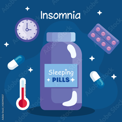 insomnia pills jar clock and thermometer design, sleep and night theme Vector illustration