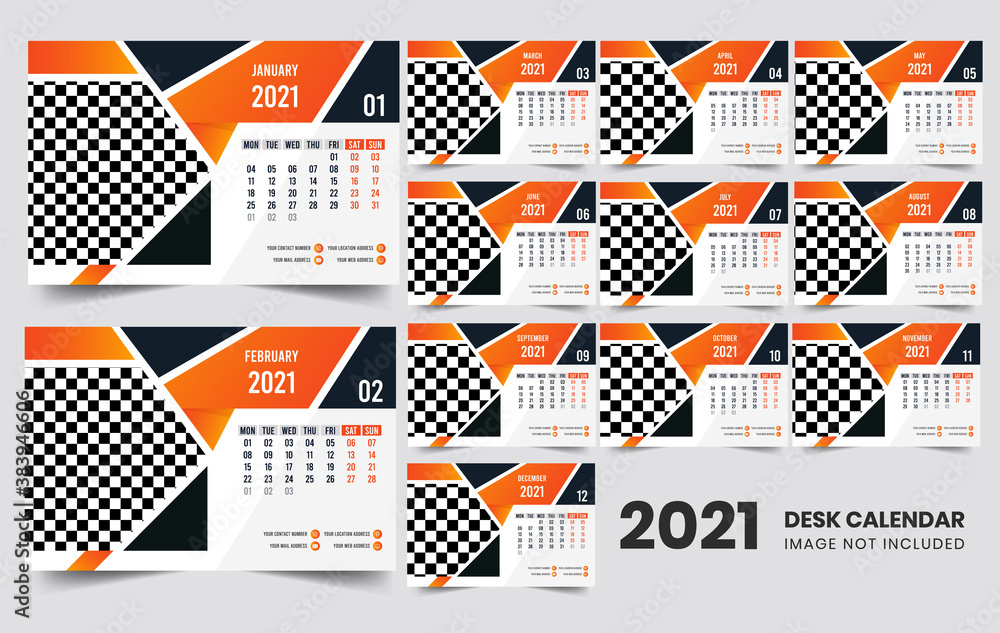 Desk calendar design 2021 template Set of 12 Months, Week starts Monday, Stationery design, calendar planner