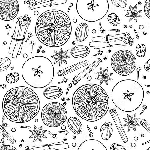 Christmas drink ingredients seamless pattern. Fruit mulled wine recipe. Doodle Outline vector illustration. Hot winter drink recipe. Organic product sketch. For wallpaper, wrapping, scrapbooking.